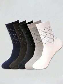 1/5 Pairs Random Men's Socks Geometric Pattern Knitted Fabric Business Casual Mid-Calf And Polka Dot Design Socks Random Color Delivery (No Gift Box) - Multicolor - View 5
