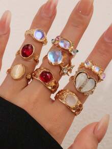 9pcs Gold-Tone Exquisite Versatile Bohemian Beach Vacation Style Sparkling Colorful Gemstone Rhinestone Heart Star Flower Sun Asymmetric Faux Pearl Open Adjustable Ring Set Fashion Personalized Jewelry Gift Suitable For Men And Women Daily Wear Perfect For Party And Holiday Gift Women Casual And Vacation Outfit Multi-Functional Accessory - Multicolor - View 1