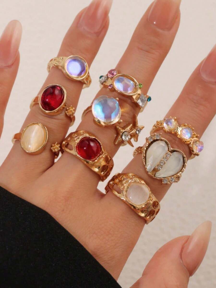 9pcs Gold-Tone Exquisite Versatile Bohemian Beach Vacation Style Sparkling Colorful Gemstone Rhinestone Heart Star Flower Sun Asymmetric Faux Pearl Open Adjustable Ring Set Fashion Personalized Jewelry Gift Suitable For Men And Women Daily Wear Perfect For Party And Holiday Gift Women Casual And Vacation Outfit Multi-Functional Accessory - Multicolor - View 1
