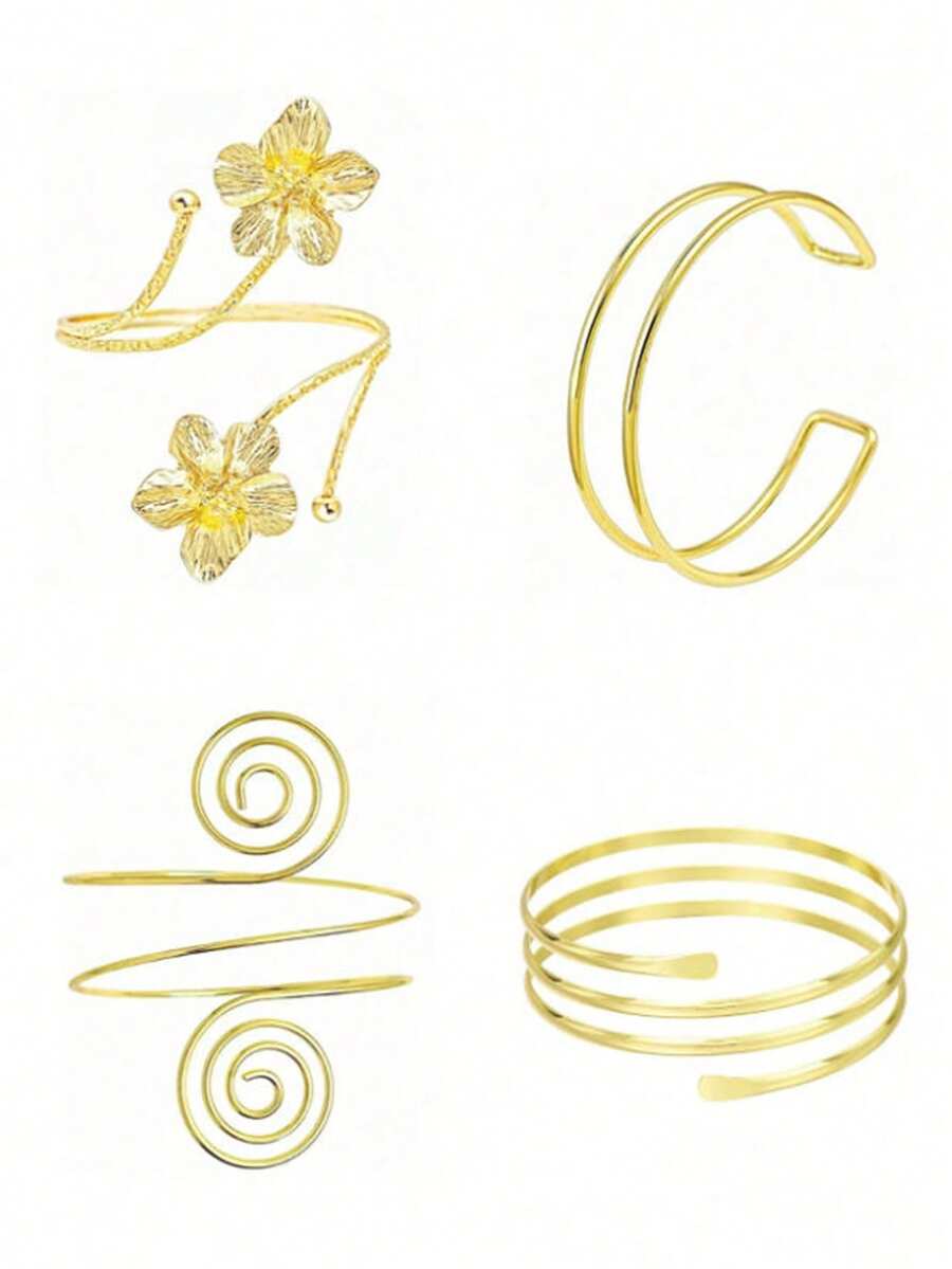 4pcs/Set Minimalist Metal Arm Cuff Bracelets, Adjustable Arm Rings, Suitable For Daily Wear, Street Style And Vacation - Gold - View 1