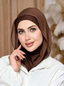 1pc Women's Solid Color Balaclava Chiffon Base Layer Headscarf Neck Warmer Elastic Cap Hijab Caps Turban Breathable Comfortable Elastic Wide Brim Sweat-Absorbing Non-Slip Multi-Functional Sports Headwrap Cap Inner Lining Scarf, Minimalist Fashion Scarf, Hood And Matching Chiffon Headscarf, 2-In-1, Wear It And Easily Get Ready, Instantly Fashionable For Going Out - Coffee Brown - View 3