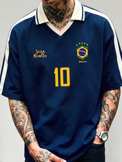 Men's Contrast Color V-Neck Polo Shirt With Brazil No.10 Print, Casual Loose Retro Short Sleeve Top, Vintage Football Fan Jersey