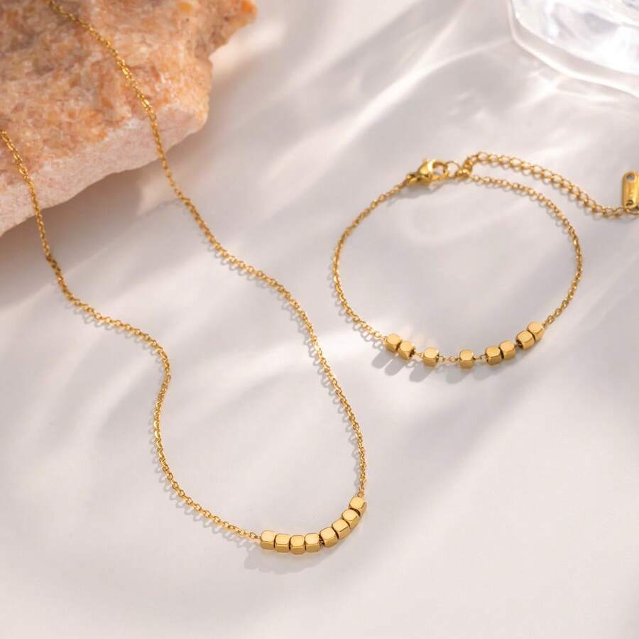 1 Set Stainless Steel Chain Square Pendant Women's Fashion Necklace & Bracelet Jewelry Set, Gift Accessory - Style a - View 1