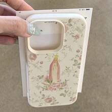 1pc TPU Material Vintage Soft Pink Rose Crown Virgin Mary Pattern Phone Case Suitable Compatible With IPhone 17 Pro Max/17/16 Pro Max/15/13/12/11/ S20 FE/A15/S24/A55/ Note 11/Note 12/Note 13 Pro Full Coverage Anti-Drop Soft Shell Phone Protective Cover - White - View 3