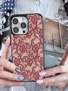 1 pieza Funda de teléfono personalizada de encaje rojo estilo niña compatible con Apple 17 Pro Max, 16 Pro, 13, diseño creativo - Negro - Ver 4
