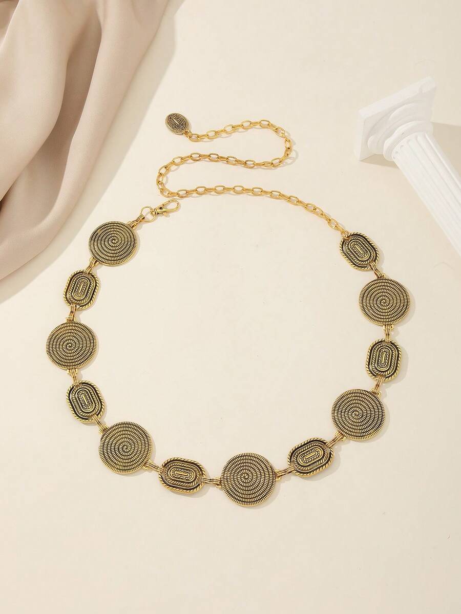 Vintage Punk Style Metal Hollow Floral Disc Waist Chain, Women's Fashion Retro Cinched Waist Body Chain, Geometric Pattern Bohemian Zinc Alloy, Spring Summer Autumn Winter - Gold - View 1