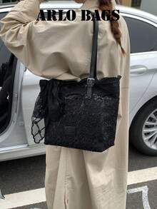 Black Floral Lace Tote Bag, Full-Body Hollow Floral Lace With Matching Lace Bow Charm, Wavy Scalloped Edge Design, Large Capacity Suitable For Students' Daily Classes And Commuting, Young Women's Weekend Shopping, Short Trips, And Gentle Casual Dates - Black - View 4