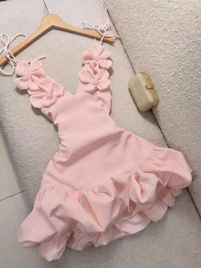 Women's Knotted Strap Dress, Floral Bud Hem, Suitable Valentine's Day, Party, Evening Events Summer