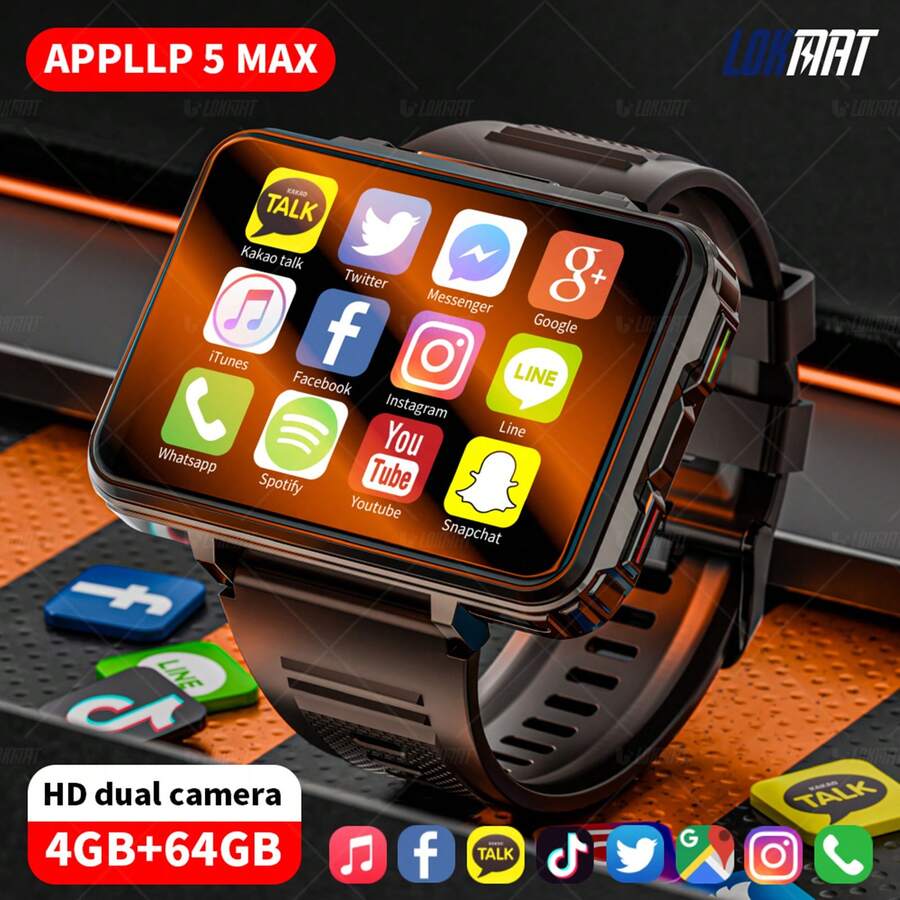 LOKMAT APPLLP 5 MAX Men's 4G Smartwatch, Android 11 Smartwatch, With SIM Card Slot, Fitness, Heart Rate, And Sleep Monitoring Tracker, Full Touchscreen, GPS, Camera, WiFi + 4G Smartwatch, Compatible With Android And IOS