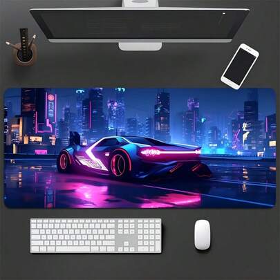 1pc XXL Nighttime Sports Car Desk Mat-Large Gaming Mouse Pad, 2MM Thick Rubber Base,Non-Slip Bottom,Stitched Edges, Mooth Surface, Office Desk Accessories, University Essentials, Dorm Room Study Mat, Laptop Desk Protector