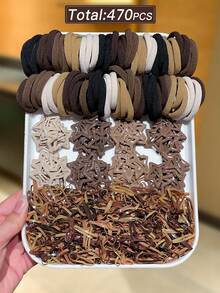 470pcs Women's Brown Tone Hair Accessories Set, Includes Large Hair Ties, Disposable Rubber Bands, Star Hair Clips, Meets Daily Hairstyle Needs, Women's Hair Accessories. Suitable For Daily Casual Use. - Multicolor - View 2