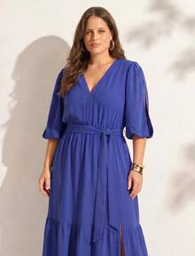 FASHION MIX PREMIUM Elegant Long Dress With Slit And Ruffle On The Hem 3/4 Puff Sleeves With V-Neckline And Tie At The Waist Women's Plus Size - 寶藍色 - 查看 2