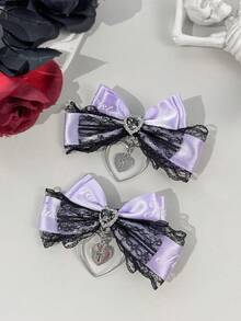 2pcs/Set Women's Lace Letter Ribbon Dark Color Gothic Style Heart & Cross Hair Clips, Suitable For Holiday Dress-Up And Daily Wear For Gothic Lovers - Multicolor - View 12
