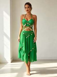 Bohemian Rhinestone Coin Halter Crop Top With Asymmetric Sheer Chiffon Skirt For Beach Vacations, Desert Festivals & Rave Outfits (Available In Multiple Colors) - Multicolor - View 8