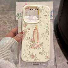 1pc TPU Material Vintage Soft Pink Rose Crown Virgin Mary Pattern Phone Case Suitable Compatible With IPhone 17 Pro Max/17/16 Pro Max/15/13/12/11/ S20 FE/A15/S24/A55/ Note 11/Note 12/Note 13 Pro Full Coverage Anti-Drop Soft Shell Phone Protective Cover - White - View 1