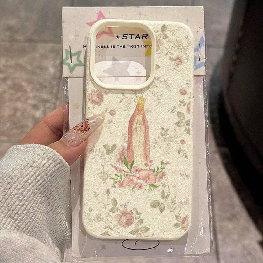 1pc TPU Material Vintage Soft Pink Rose Crown Virgin Mary Pattern Phone Case Suitable Compatible With IPhone 17 Pro Max/17/16 Pro Max/15/13/12/11/ S20 FE/A15/S24/A55/ Note 11/Note 12/Note 13 Pro Full Coverage Anti-Drop Soft Shell Phone Protective Cover - White - View 1