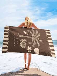 1pc Vintage Coconut Tree & Shell Print Beach Towel, Modern Style Fiber Rectangular Travel Home Beach Towel, Suitable For Swimming, Diving, Summer - Multicolor - View 2