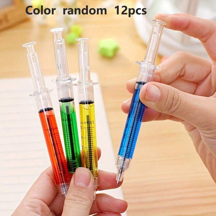 12支精緻針筒造型圓珠筆,隨機配色,適用於辦公與學校用品,醫生獎勵、學生派對禮物,創意新穎,開學季適用 - A - 查看 1