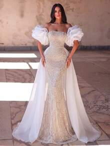 Elegante vestido de sirena sin tirantes, mangas con volantes esponjosos, corte ajustado para boda de otoño - Blanco - Ver 3