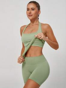 NcmRyu Women's One Set Solid Color Spaghetti Strap Removable Padded Fitted Camisole And Ruched Butt Shorts Sports Set - Moss Green - View 8