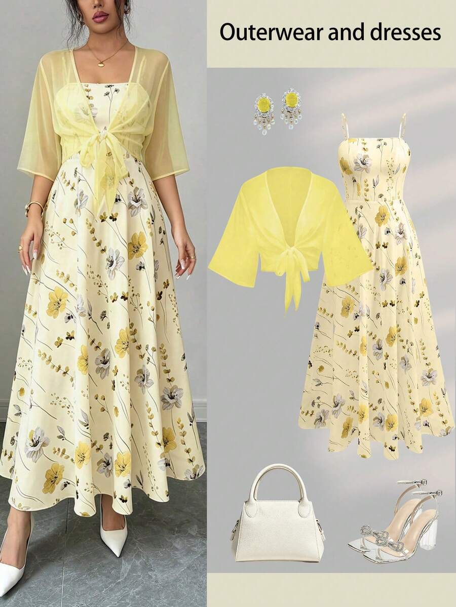 Setelan Dua Potong Gaun dan Jaket Chiffon Motif Bunga Matahari Elegan untuk Wanita, Busana Pantai Musim Semi yang Anggun - MultiWarna - View 1