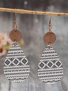 1 Pair Vintage Bohemian Style Teardrop Printed Pattern Patchwork Round Wooden Disc Fashion Earrings - Black and White - View 7