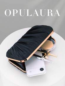 OpulAura 復古優雅緞面晚宴手拿包，百褶設計時尚正式派對包，迷人精緻正式晚宴包，高級方盒手拿包，適合派對/婚禮/正式場合晚餐，附鏈條可肩背/斜背 - 黑色 - 查看 3