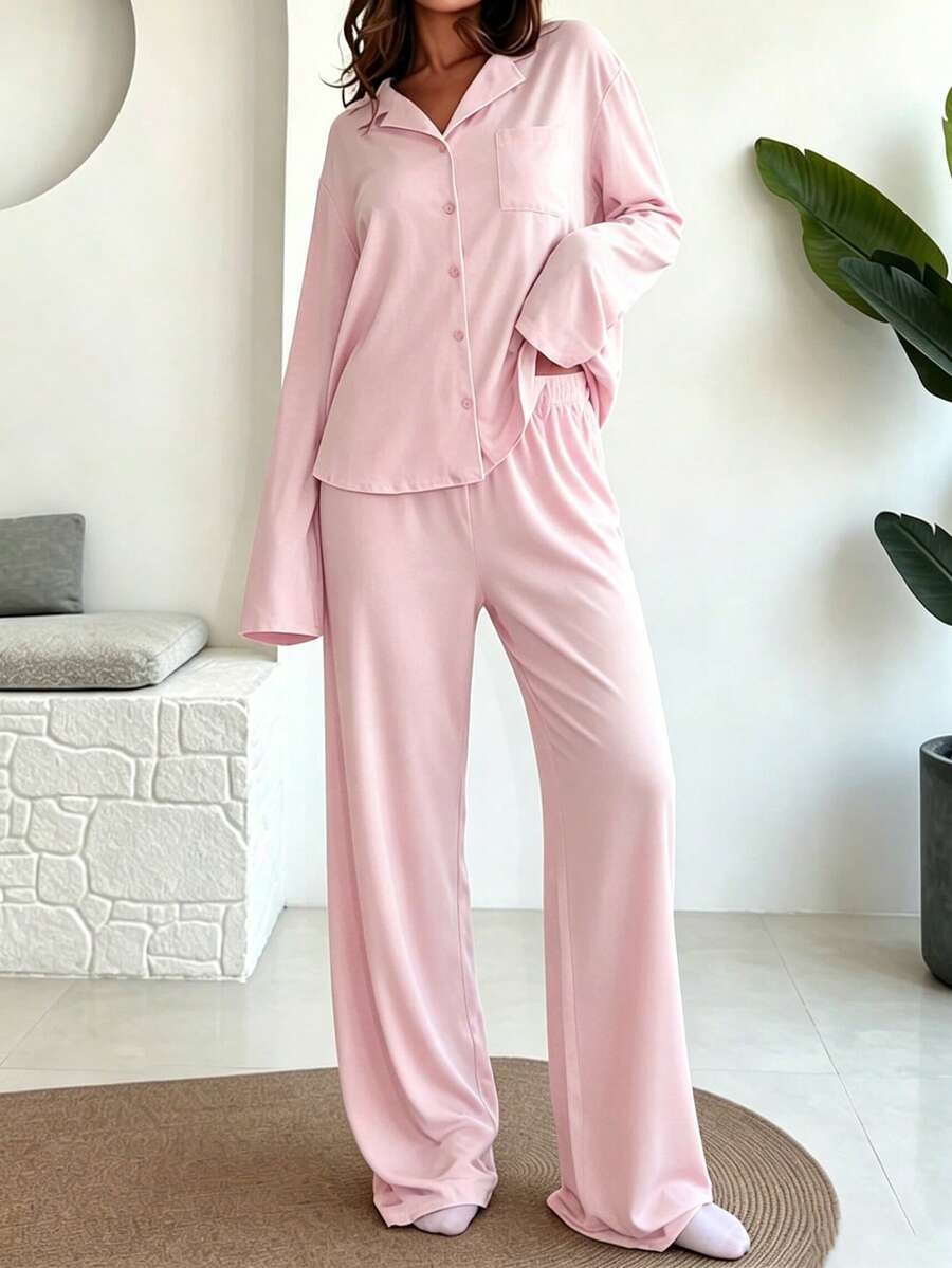 Women's Autumn/Winter Comfortable 2 Pieces Set, Long Sleeve Collared Single-Breasted Top And Straight Leg Pants, Solid Color Loose Casual Suit Pink Spring Elegant - Pink - View 1