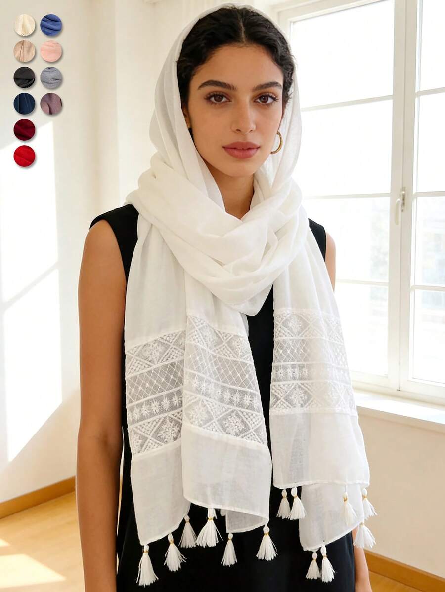 1pc Women's Solid Color Lace Tassel Long Versatile Scarf, High Quality Shawl - White - View 1