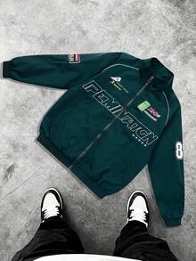 MAISONFOX Áo khoác nam casual in chữ tay dài, áo khoác đua xe phong cách streetwear xuân/thu, áo khoác mô tô phi công thiết kế tay dài - Xám - Xem 5