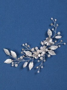 1/2Pcs Silver Leaf Crystal Pearl Flower Side Hair Clip Bridal Hair Accessories For Bride Wedding Bachelorette Party - Silver - View 7