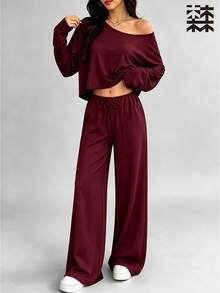 mulinsen Women's Solid Color Round Neck Long Sleeve Cropped Top + Elastic Drawstring Waist Straight Leg Pants 2-Piece Sports Casual Set - Burgundy - View 2