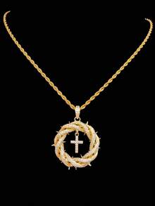 1pc Cubic Zirconia Cross Pendant And 3mm Stainless Steel Twisted Chain, Unisex Hip Hop Cross Pendant Necklace, Fashion Punk Vintage Jewelry, Suitable For Daily Wear Or Party, Easter Gift - Yellow Gold - View 7