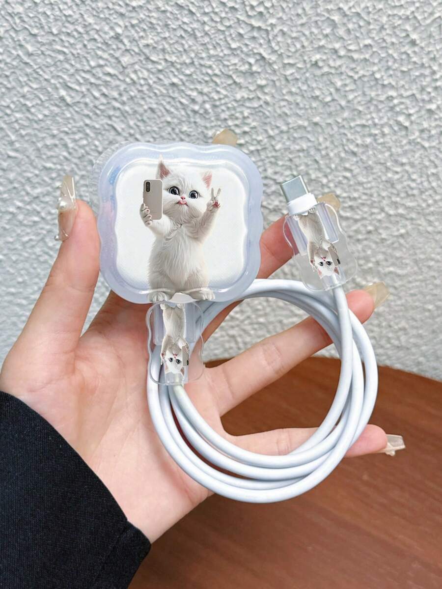 3件組數據線充電器保護套 白色貓咪自拍圖案 適用於英國標準 Apple 20W 快充充電器 英國標準充電器使用 防斷裂充電器保護套 - 彩色 - 查看 1
