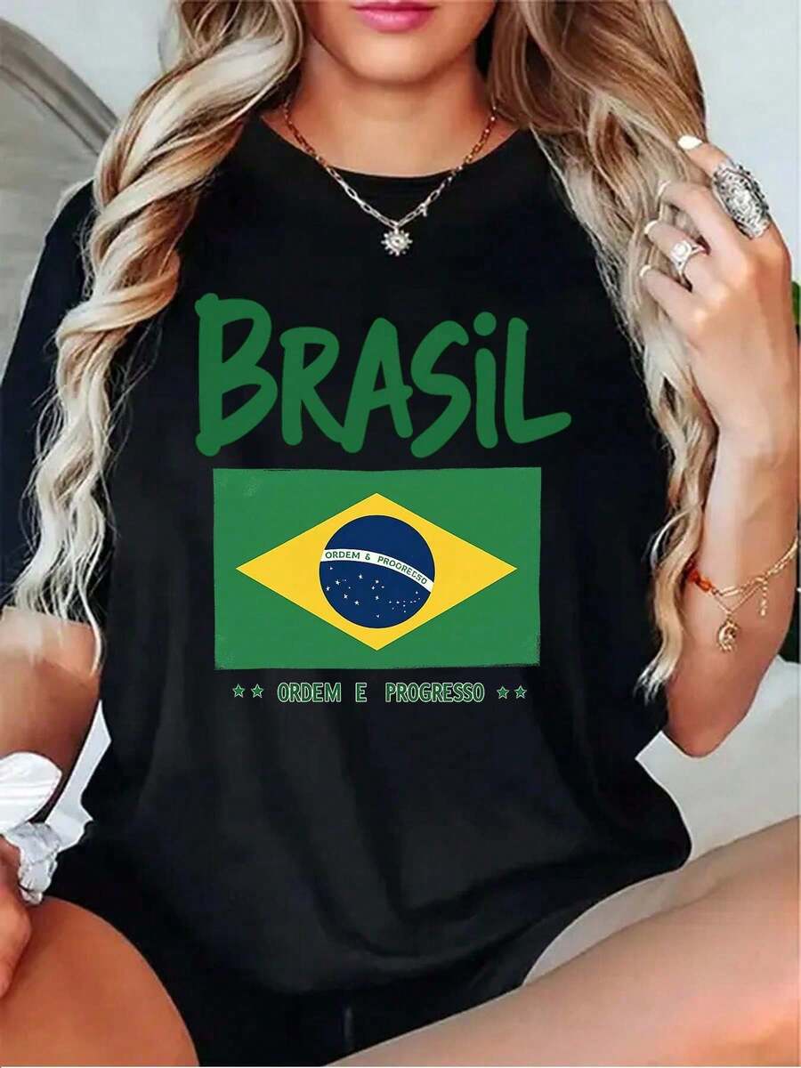 100% Cotton Women Christmas T-Shirt Half Brazilian Half American USA Brazil Culture Flag T-Shirt Print T-Shirt  Comfort Tee Top For Spring & Summer - 粉色 - 查看 1