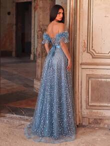 Faeriesty Sparkling Off-Shoulder Princess Style Puff Dress, Bubble Sleeves, Scattered Sequin Decoration, Satin Waistband Wedding Party - Teal Blue - View 2
