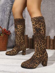 Leopard Print Suede Chunky Heel Mid-Calf Boots, Vintage Y2K Style Slimming Elastic Boots, Versatile Autumn/Winter Party Commute Fashion Boots - Leopard - View 4
