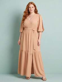 FASHION MIX PREMIUM Elegant Long Dress With Slit And Ruffle Hem, 3/4 Puff Sleeves With V-Neckline And Tie At The Waist, Women's Plus Size - 米色 - 查看 1