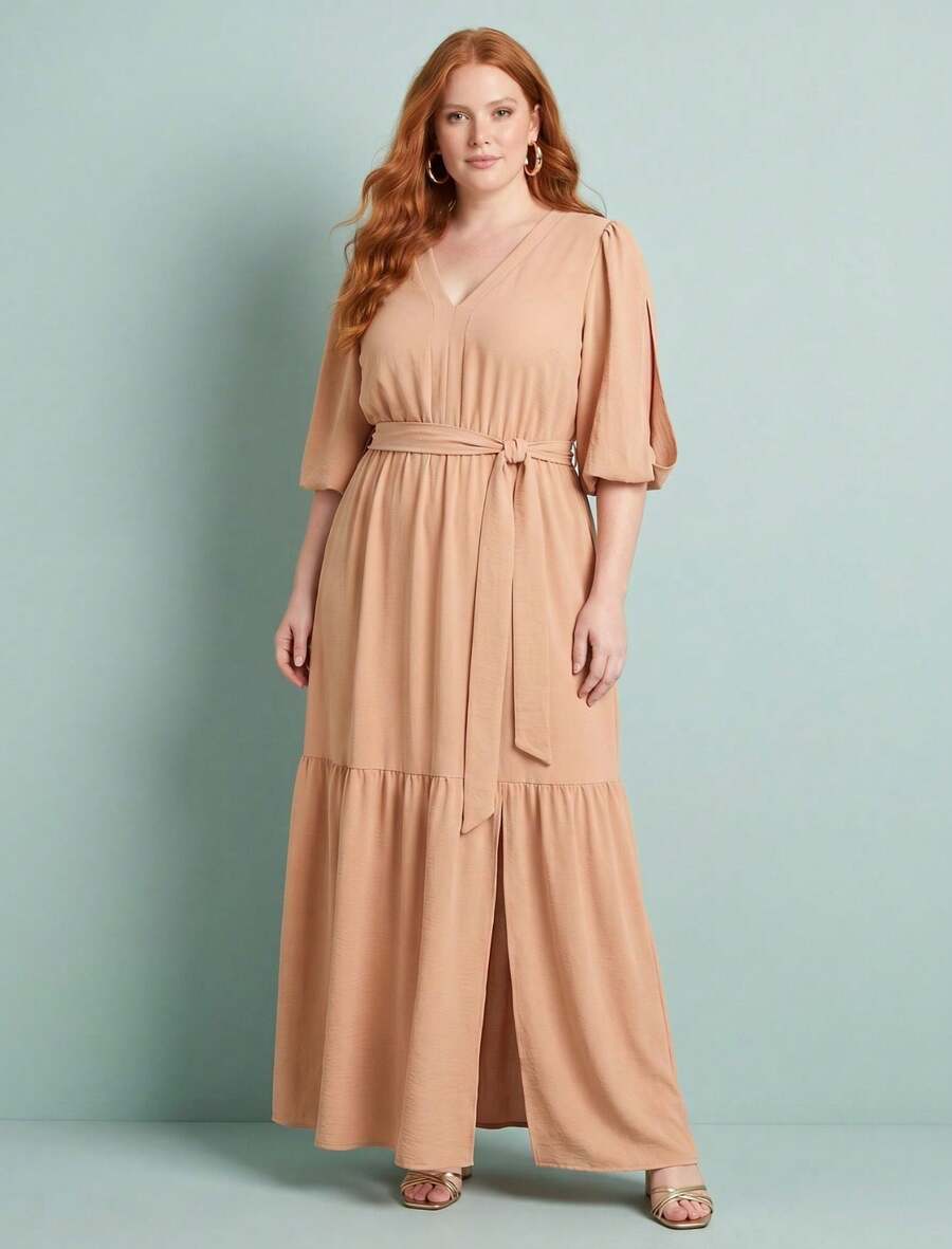 FASHION MIX PREMIUM Elegant Long Dress With Slit And Ruffle Hem, 3/4 Puff Sleeves With V-Neckline And Tie At The Waist, Women's Plus Size - 米色 - 查看 1