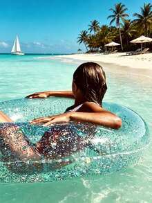1pc Transparent Glitter Inflatable Swim Ring, Round PVC Pool Float With Sequins, Multicolor Macaron Colors, Lightweight Water Floating Accessory, Suitable For Swimming Pool, Beach, Lake, Summer Pool Party, Beach Vacation, Outdoor Water Play - Clear - View 7