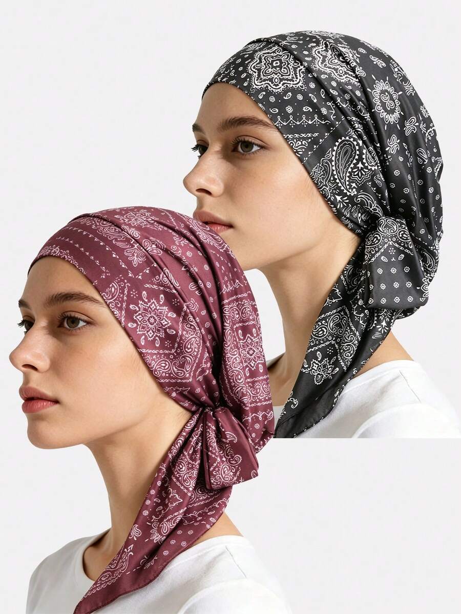 2pcs Women's Cashew Flower Ribbon Headscarf Hat Hair Protection Hair Loss Cap Tie Headband Suitable For Daily Use - Black/Wine Red - View 1