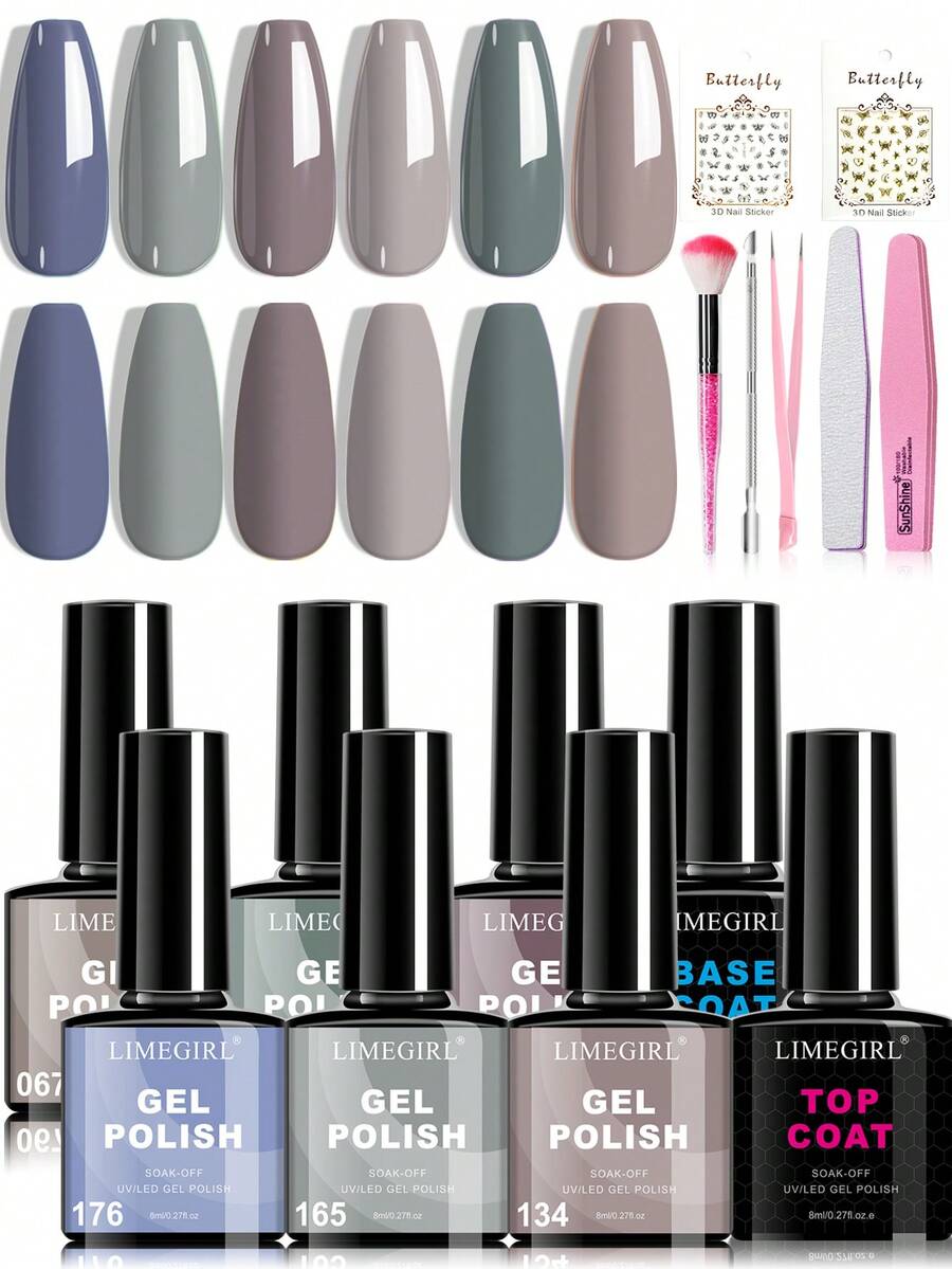 LIMEGIRL All Season Gel Nail Polish Set – 6 Colors Gel Polish With Top Base Coat Soak Off UV LED Fall Winter Manicure Gift For Women (Set F) - Multicolor - View 1