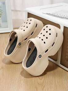 Pantofole da donna con piattaforma spessa e traforata, sandali slip-on in EVA traspirante con cinturino posteriore regolabile e rialzante, scarpe mule casual estive per spiaggia e uso all'aperto, antiscivolo e anti-odore - Cachi - Visualizzare 2