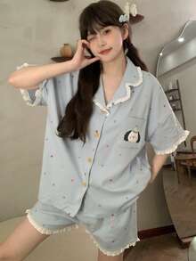 2 piezas/Set Conjunto de pijama para mujer, cuello de solapa abierto con estampado de cachorro lindo y bolsillo delantero, manga corta y shorts simples, cómodo para usar en casa - Azul - Ver 4