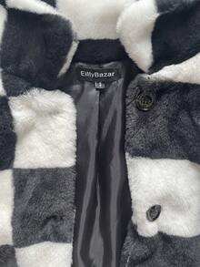 Eilly Bazar Abrigo de invierno casual con botones delanteros y estampado a cuadros de felpa - Blanco y Negro - Ver 7