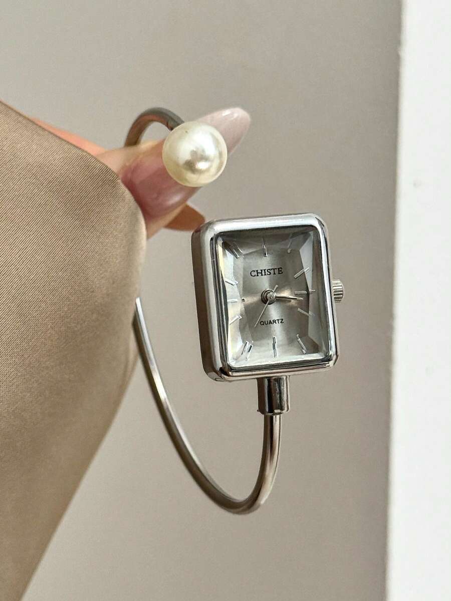 1件 金色/銀色方形竹節石英手錶,適合日常佩戴,也是生日和聖誕節的完美禮物 - 銀色 - 查看 1