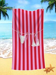 Toalha de Praia com Padrão de Maiô Bikini de Varal com Clipe de Linha Única Branca sobre Bottom de Listras Horizontais Largas em Contraste Vermelho e Rosa Claro, Toalha de Banho Absorvente de Secagem Rápida Estilo Praia Dopamina Vibrante para Meninas, Toalha de Banho para Casa, Banheiro e Chuveiro, Tapete de Piscina e Férias, Tapete de Camping, Piquenique e Yoga, Lavável em Máquina, para Todas as Estações, Pano Decorativo de Parede para Quarto de Menina Energética - Multicolorido - Visão 2