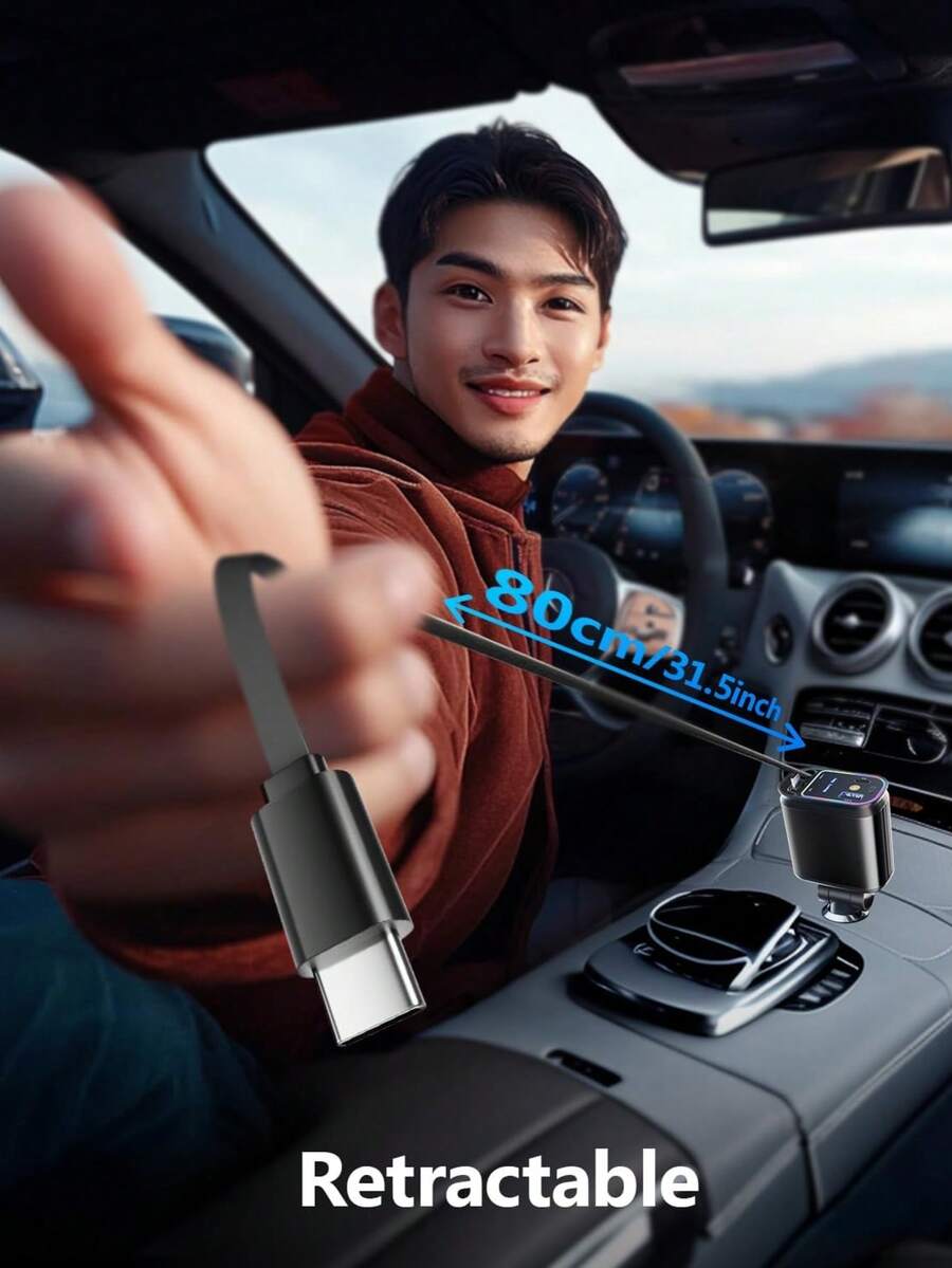 4合1可伸縮車用充電器，快速充電 USB-C 轉接頭，配備雙可伸縮數據線與多接口，星光氛圍燈車飾配件，相容 iPhone 與 Android 手機，送給女性的禮物