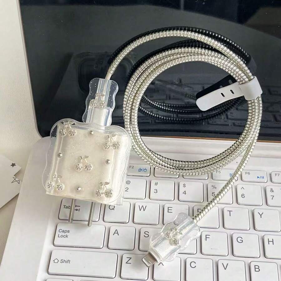 小號淡粉色/黑色蝴蝶結/金色蝴蝶結/櫻桃與白色珍珠設計手機充電器套組 20W/18W，充電線保護套，充電頭保護殼，相容於 Apple 13/16/15/14 充電器