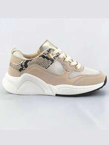 Sports Shoes, Lace-Up, Mesh + Imitation Leather, Snake Skin Imitations. - Beige - View 4